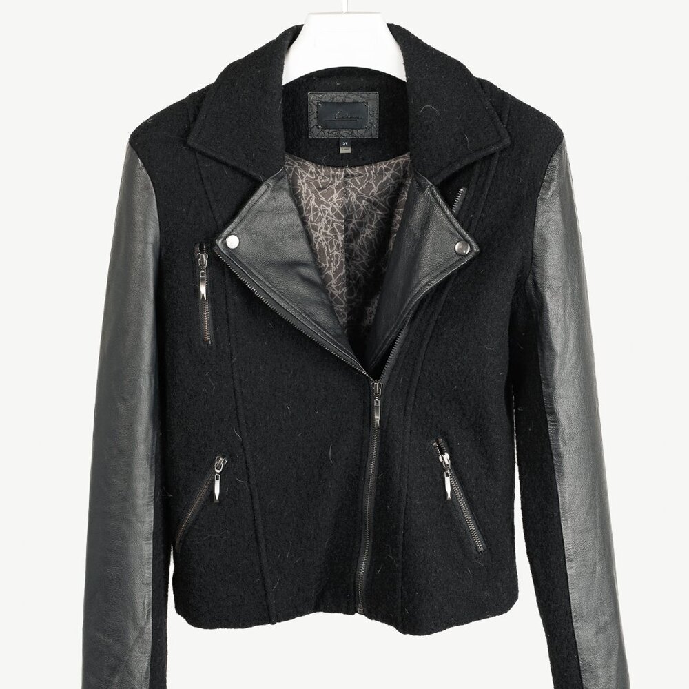 Line the Label Black Boiled Wool & Leather Moto Jacket